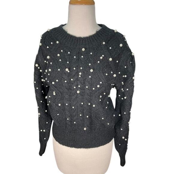 ASTR The Label Crew Neck Black Faux Pearls Knit Sweater Long Sleeve Size Small - Picture 6 of 12